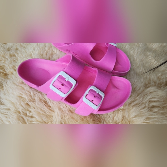 Birkenstock Pink Double Strap Slide Sandals with White Buckles - Picture 3 of 5
